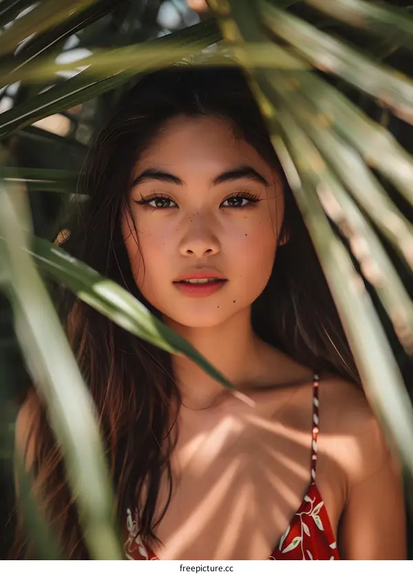Beautiful Woman with Freckles Looking Through Palm Leaves