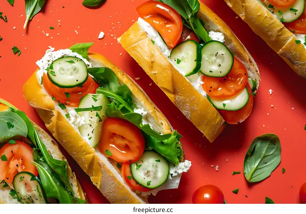 Fresh Cucumber and Tomato Sandwiches on Red Background