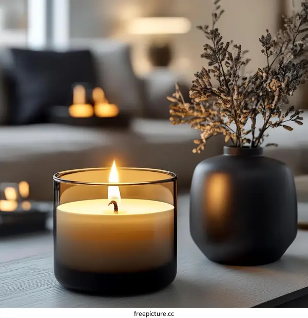 Modern Home Decor with Candle and Dried Flowers