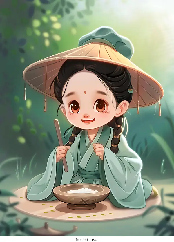 Cute Cartoon Girl in Traditional Chinese Clothing Eating Tangyuan