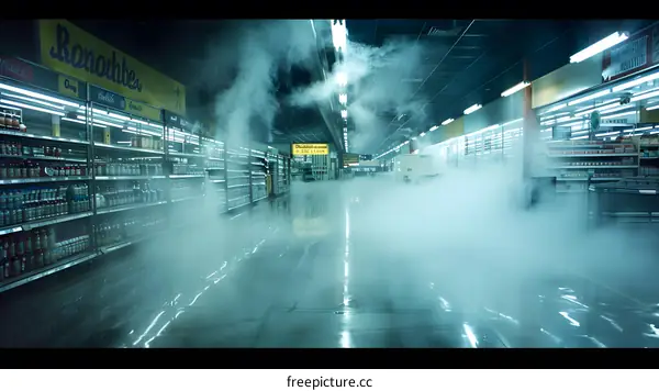Supermarket Foggy Aisle with Empty Shelves