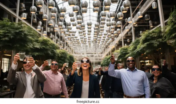 Diverse group of people toasting with glasses of water in a modern building