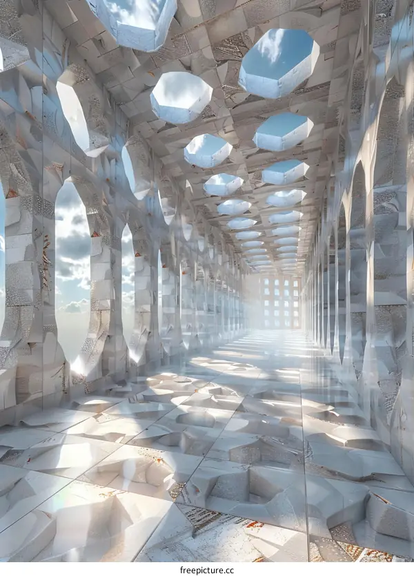 Futuristic Sci-Fi Corridor with Hexagonal Skylights and Reflective Floor