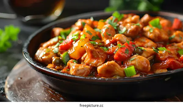 A delicious and healthy meal of chicken, peppers, and onions.