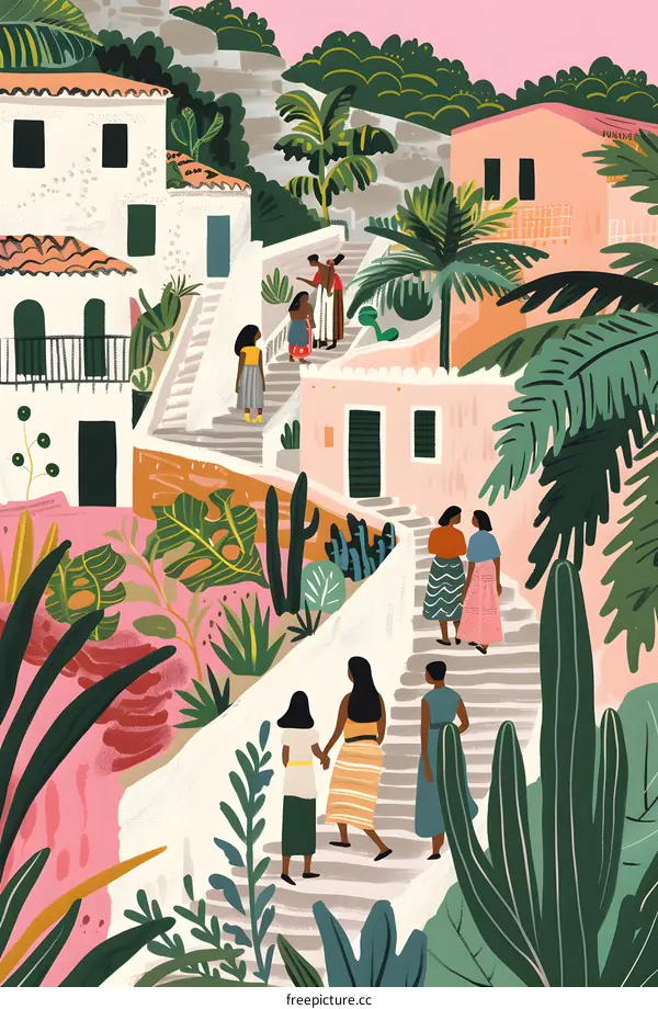 Women Walking Up Stairs in Tropical City