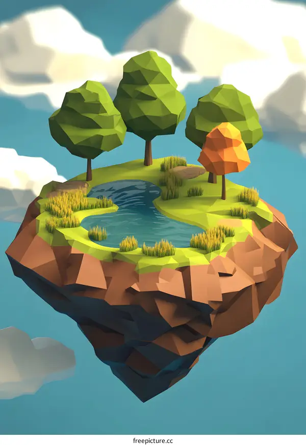Low Poly Floating Island With Trees and Lake