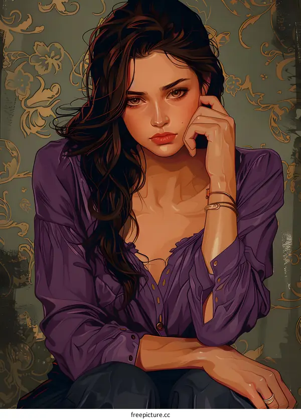 Digital Portrait of a Woman with Long Brown Hair Wearing a Purple Shirt