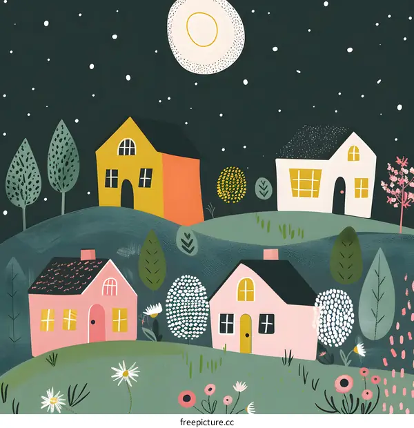 Nighttime Village with Houses and Stars