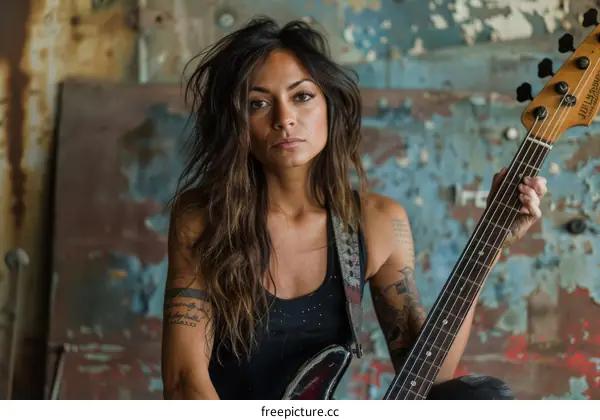 Portrait of a female musician playing a bass guitar