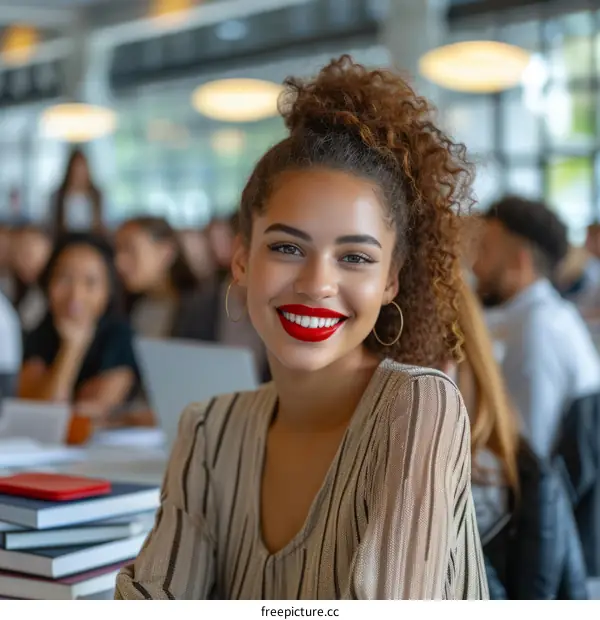 Smiling young woman with curly hair and red lipstick in a classroom
