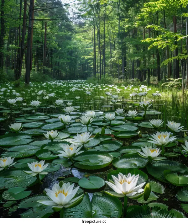 White Water Lilies in a Tranquil Forest Pond