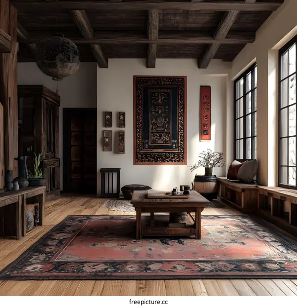 Traditional Asian Style Living Room Interior Design with Wooden Beams and a Rug