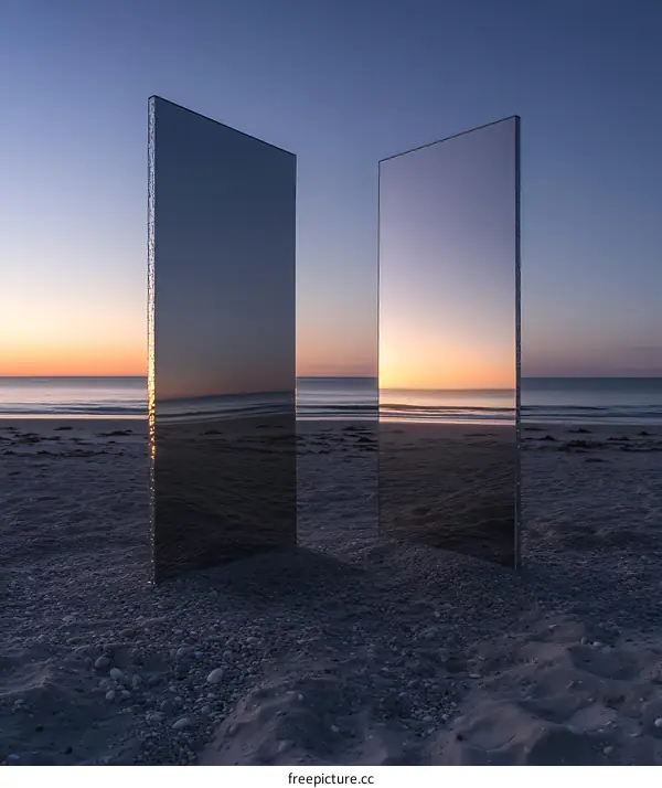 Two Mirrored Panels on a Beach at Sunset