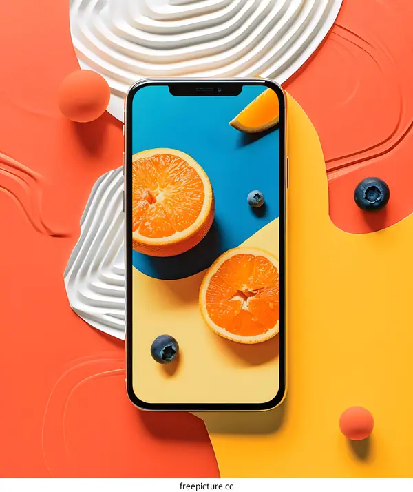 Modern Phone Screen with Orange Slices and Blueberries