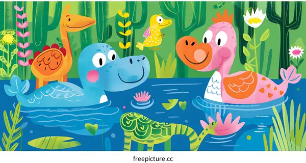 Cute Cartoon Animals in a Pond Illustration