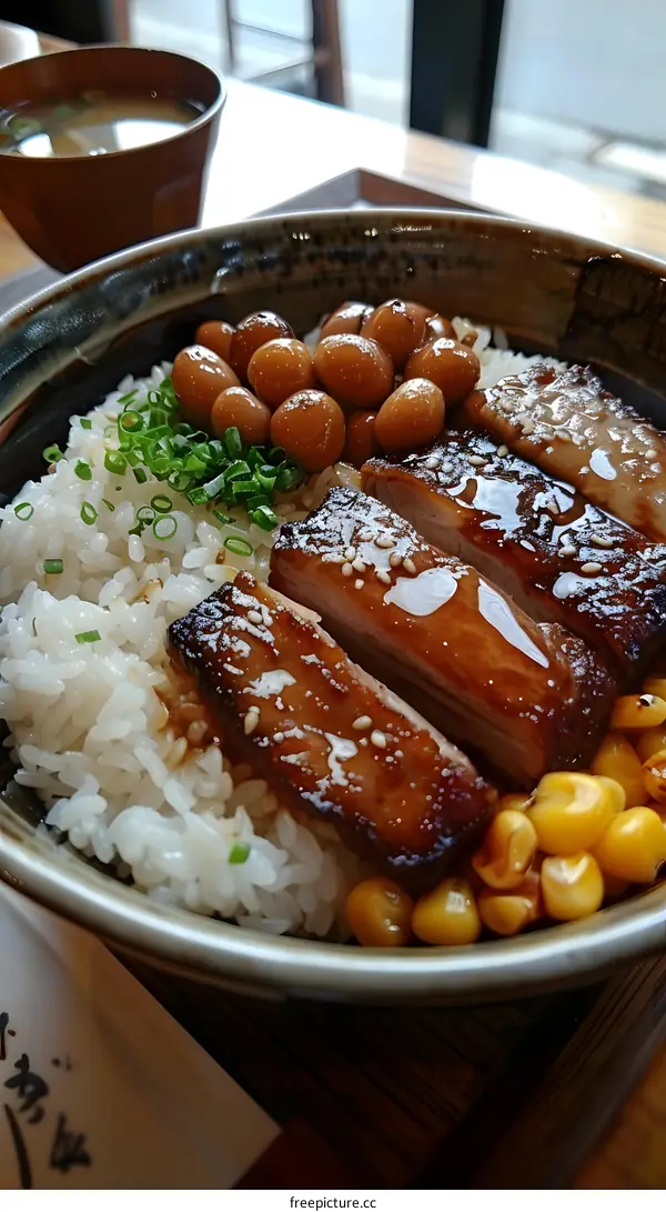 Japanese Food Bowl With Rice, Meat, Corn And Beans