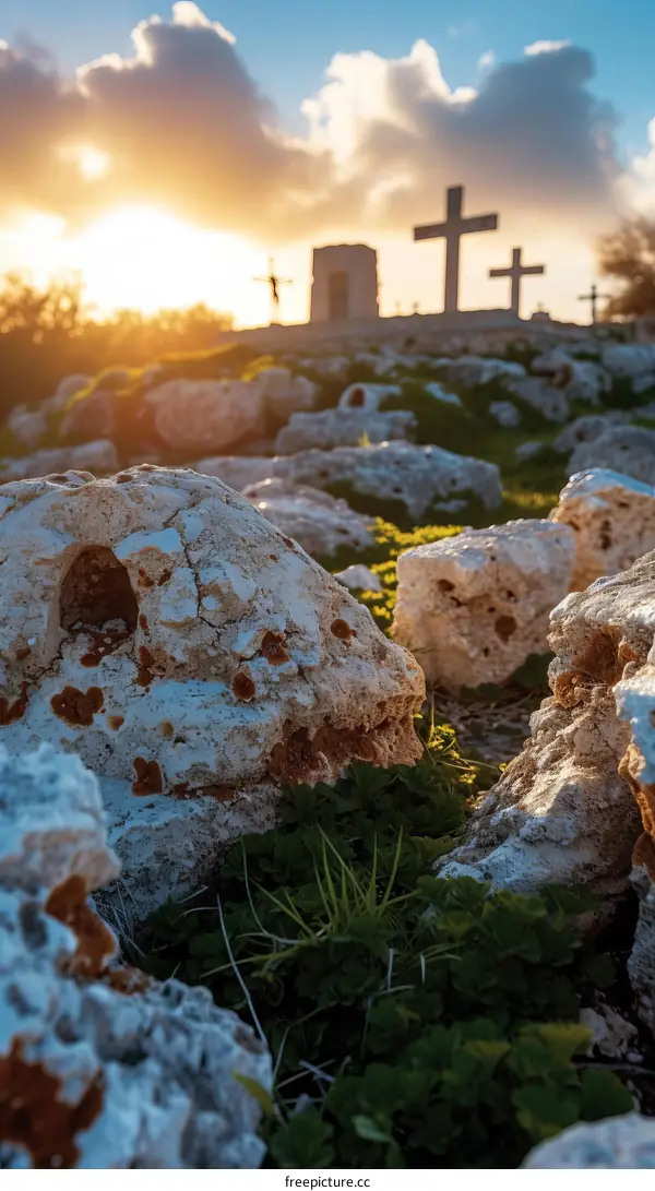 Sunset over a rocky hill with a cross