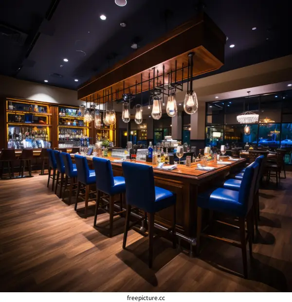Blue chairs at a bar with liquor bottles on shelves behind it