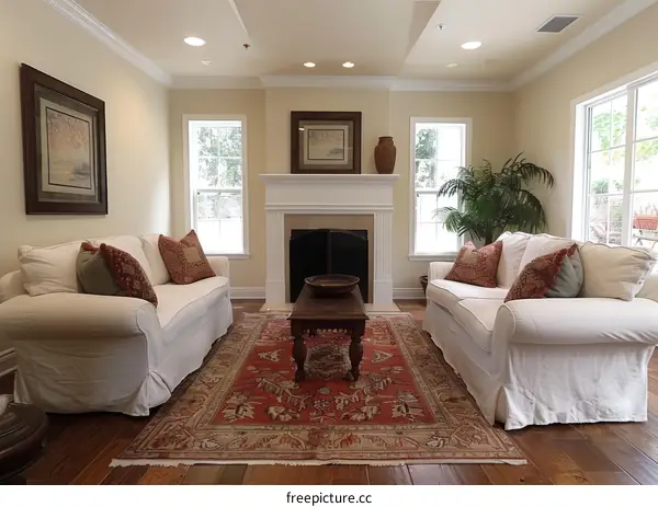 Elegant Living Room with White Sofas and Red Rug
