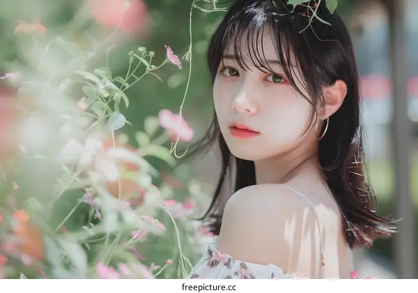 Asian Woman Posing in a Garden with Flowers
