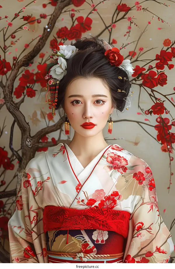 Portrait of a beautiful Japanese woman in traditional kimono with red and white flowers in her hair