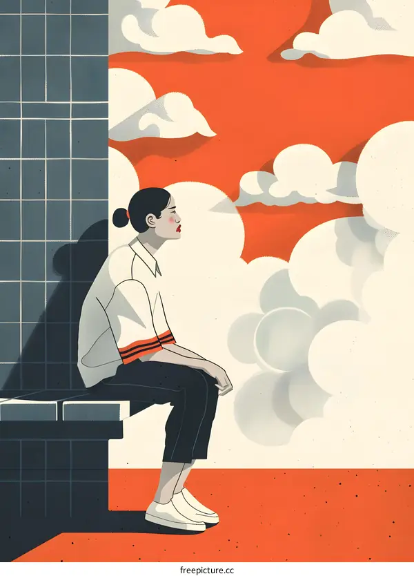 Woman Sitting by the Wall, Looking at the Clouds