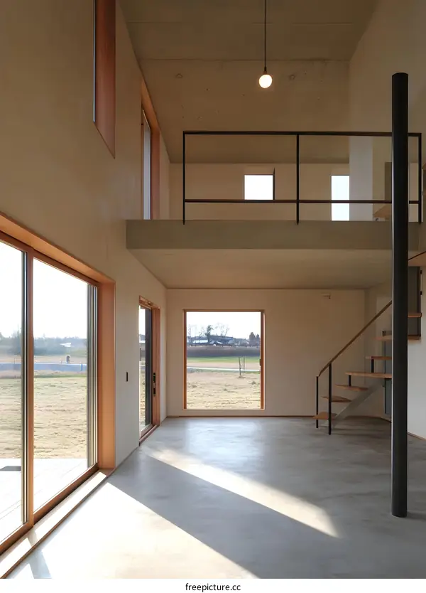 Modern Minimalist Home with Wooden Beams and Large Windows