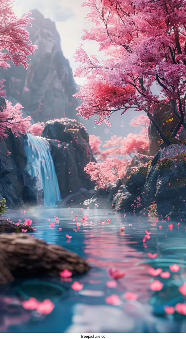 Enchanted Waterfall and Cherry Blossom Landscape
