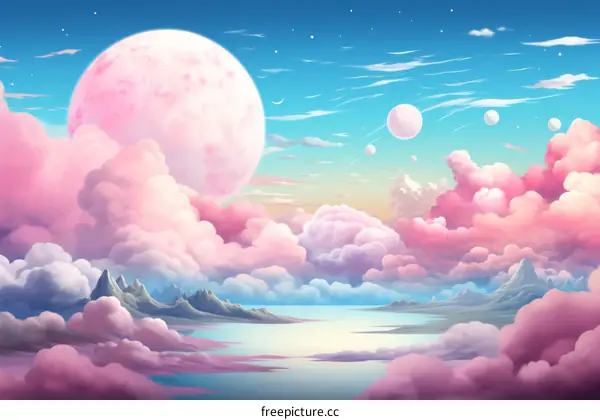 Fantasy Landscape with Pink Clouds and Moon