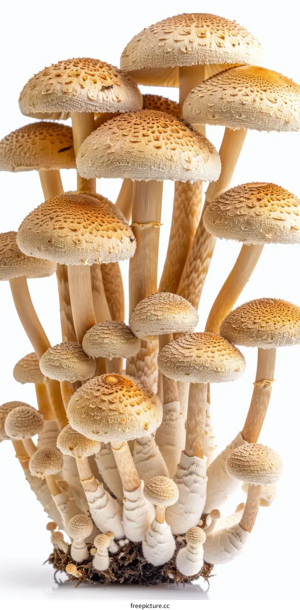 Shaggy Ink Cap Mushrooms Cluster on White Background