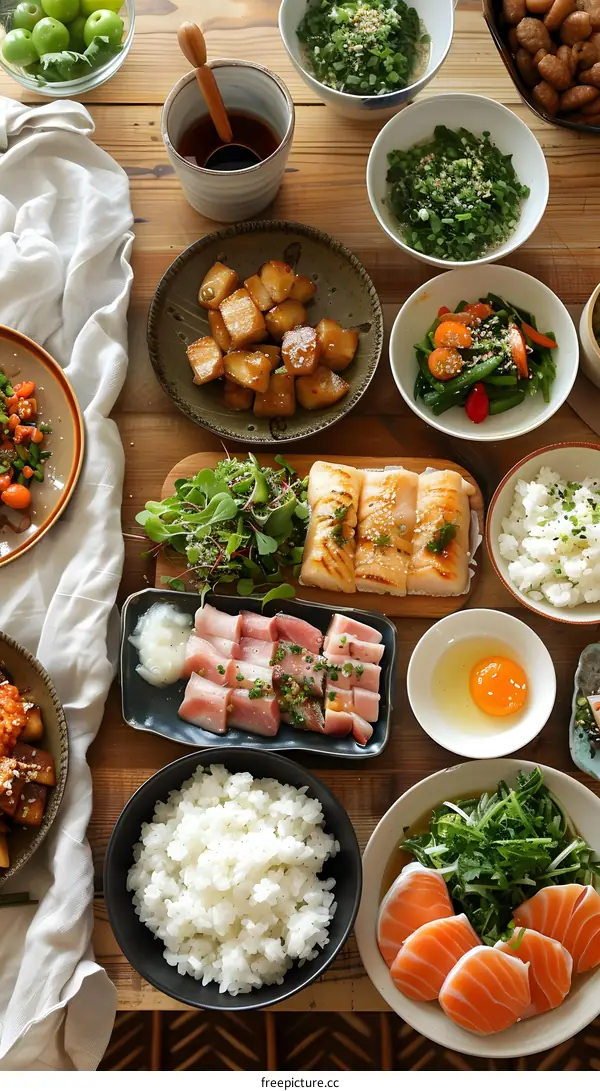 Japanese Food Table Setting With Sashimi, Rice, and Vegetables