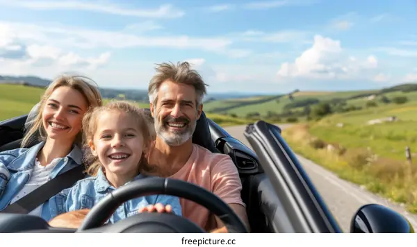 Family of three on a road trip in a convertible car