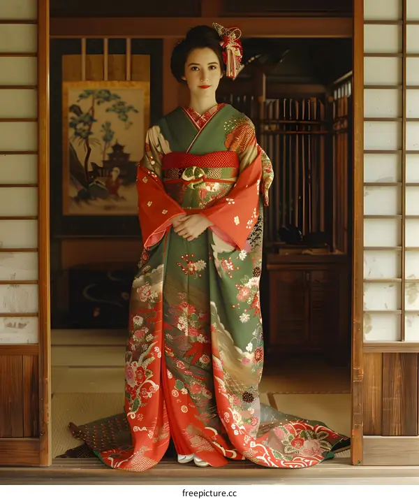 A woman wearing a kimono is standing in a traditional Japanese house.