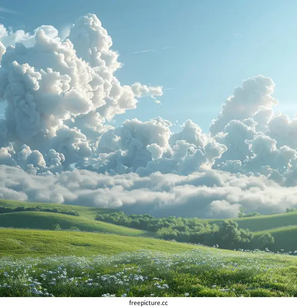 Green and Blue Landscape with White Clouds