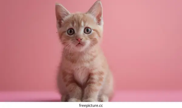 Cute ginger kitten on pink background