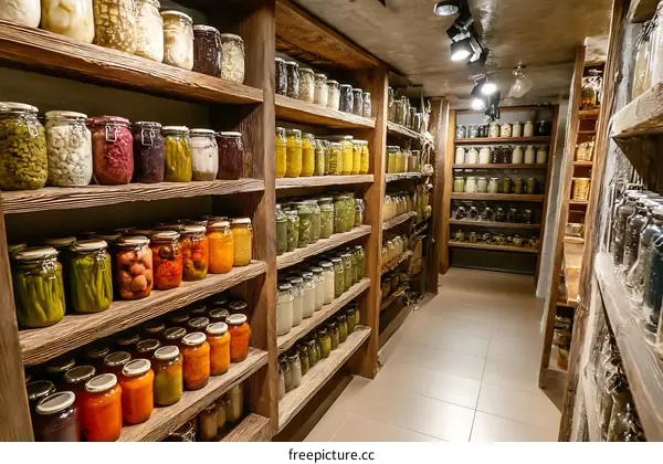 Rustic Wooden Pantry Filled with Preserved Foods