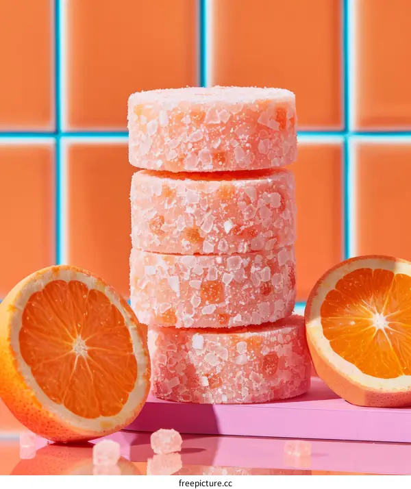Close-up image of four grapefruit-scented sugar scrub rounds with two halves of a grapefruit on the side