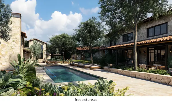 Stone Building With Pool In Backyard
