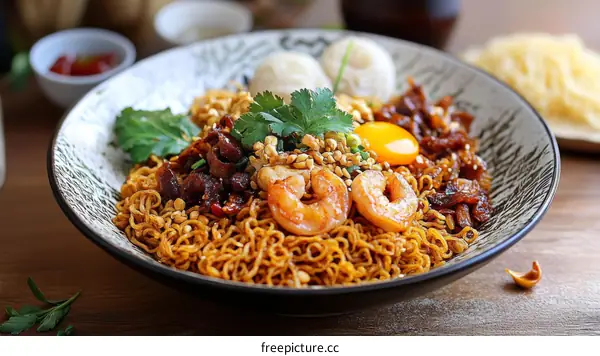 Delicious Spicy Instant Noodles with Shrimp and Egg