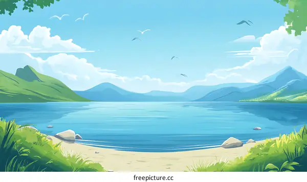 Beautiful Landscape Illustration of a Lake with Mountains in the Background