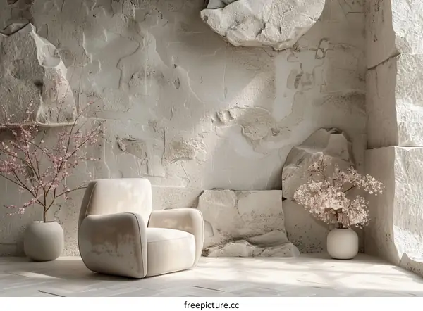 Minimalist Interior Design with Stone Wall and Flowers