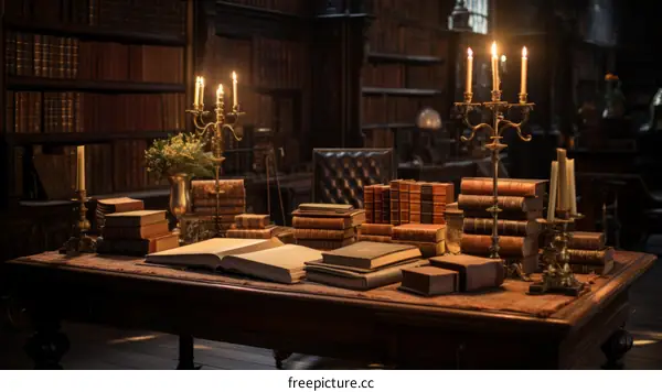 Vintage library with books and candles