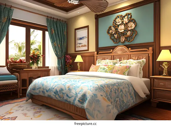 Tropical Bedroom Interior Design with Wooden Bed and Floral Pattern Bedding