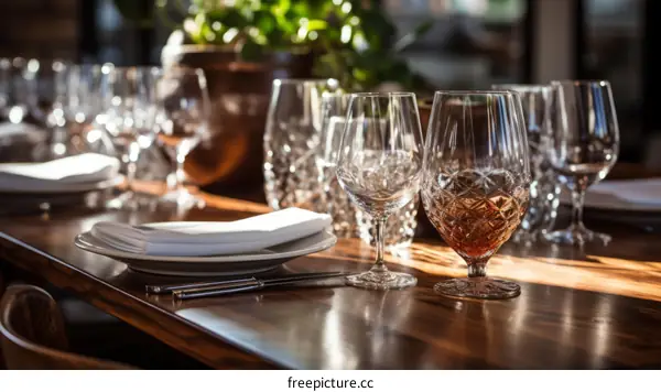 Crystal wine glasses on a wooden table set for a formal dinner