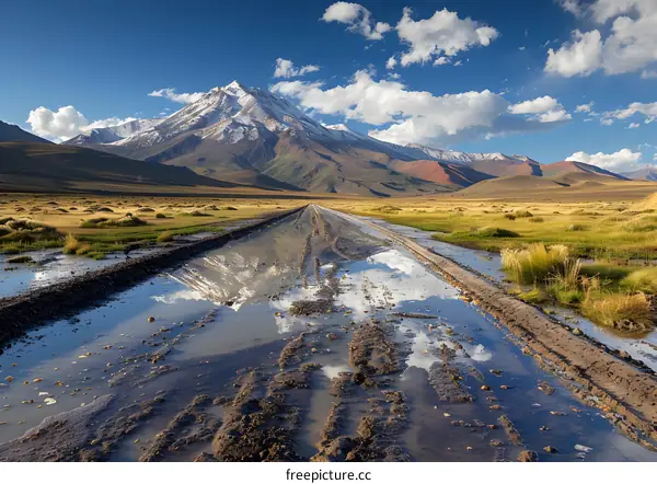 Mountain Landscape With Dirt Road And Reflection Of The Sky In Water