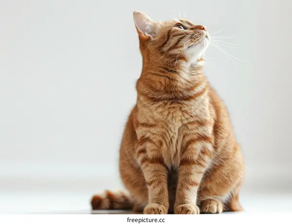 A ginger cat is sitting on the floor and looking up
