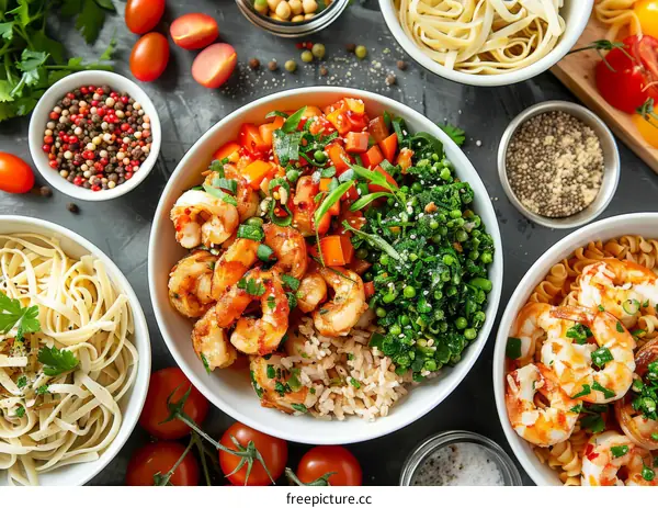Various pasta dishes with vegetables and shrimp