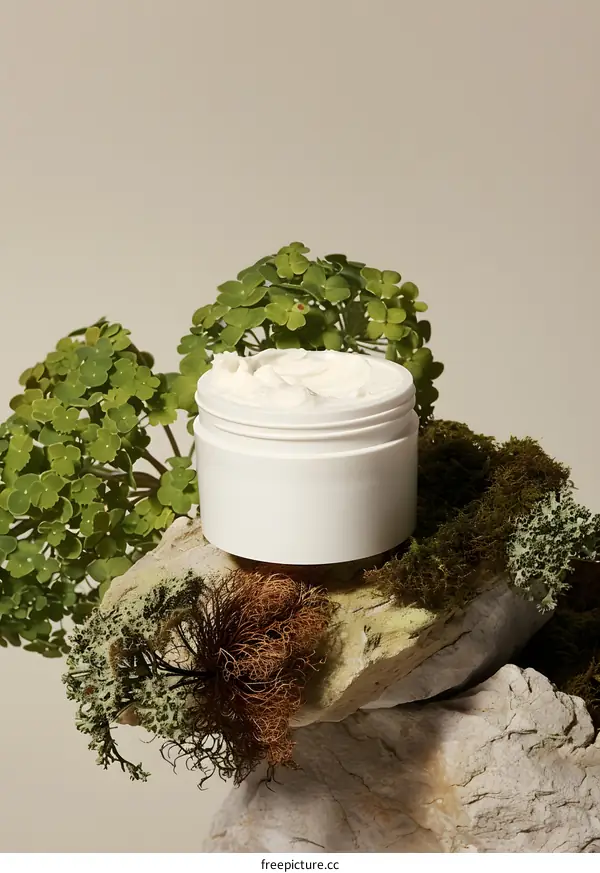 Natural Skincare Cream Jar on Stone and Plants