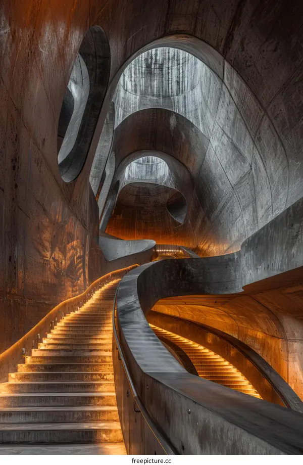 Staircase in a modern building with curved walls and a spiral staircase