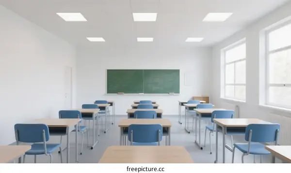 Empty Modern Classroom with Desks and Green Chalkboard